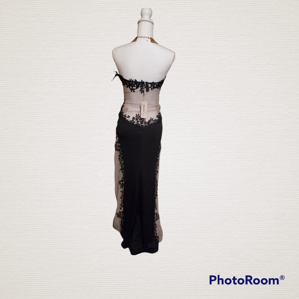Issue New York Gorgeous Strapless Gown, Hidden Bra, Sheer Panels-Sexy Black/Nude